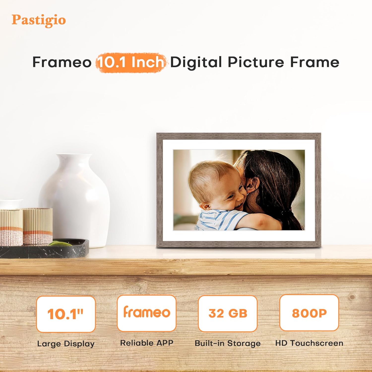 Frameo 10.1 Inch Digital Picture Frame, Digital Photo Frame WiFi, 32GB Memory, Electric Slideshow Frame, 1280 * 800 HD Touch Screen, Wall Mountable, Share Instantly, Mom Gifts, Greige