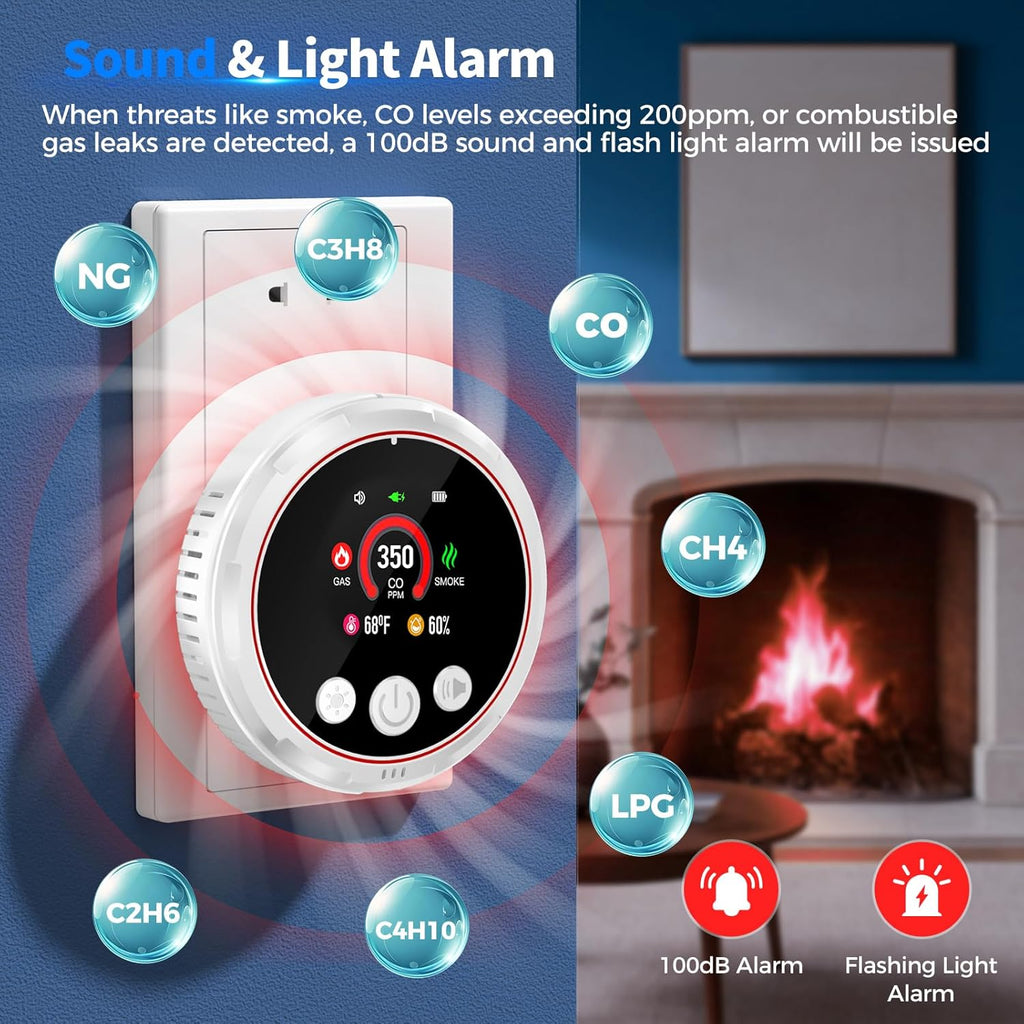 5 in 1 Carbon Monoxide Detectors Plug in, Smoke Detector & Natural Gas Detector/Alarm with Battery Backup, HD Digital Screen for CO, Gas, Smoke, Temp, Humidity - Home Safety for House, RV, Apartment