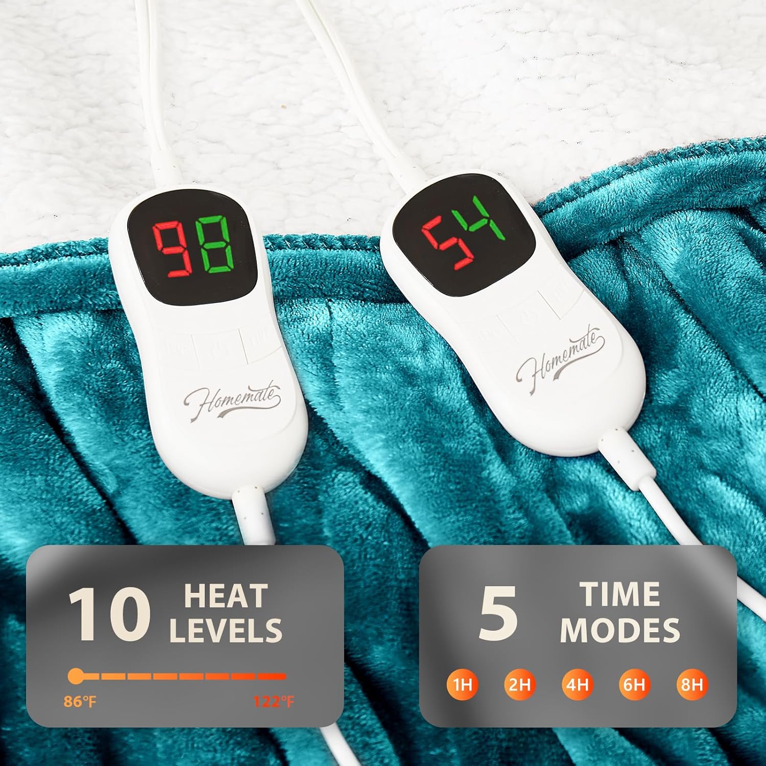 Homemate Electric Heated Blanket Queen - 84"x90" Heating Bed Blankets Throw with 10 Heating Levels 8 Hours Auto Off Fast Heating Over-Heated Protection Ultra Soft Warm Flannel ETL Certified
