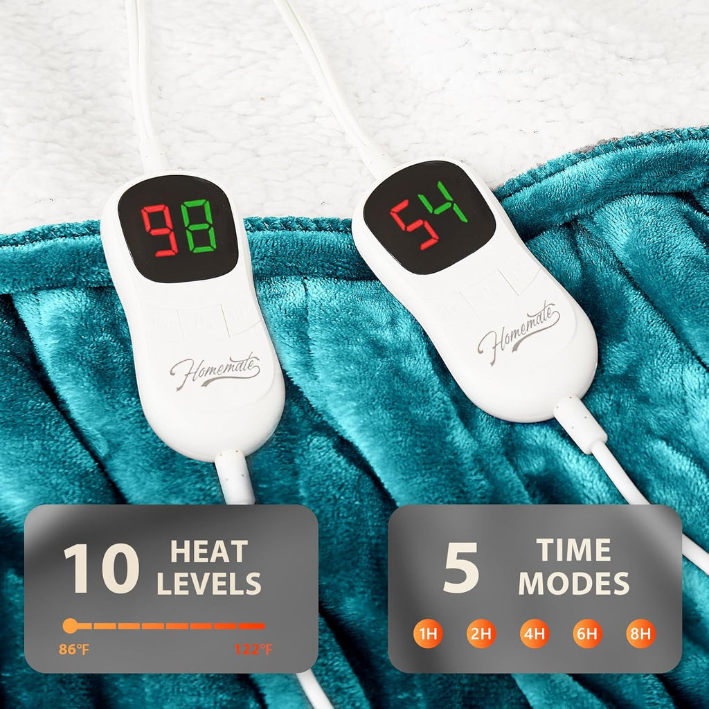 Homemate Electric Heated Blanket King - 100"x90" Heating Bed Blankets Throw with 10 Heating Levels 8 Hours Auto Off Fast Heating Over-Heated Protection Ultra Soft Warm Flannel ETL Certified