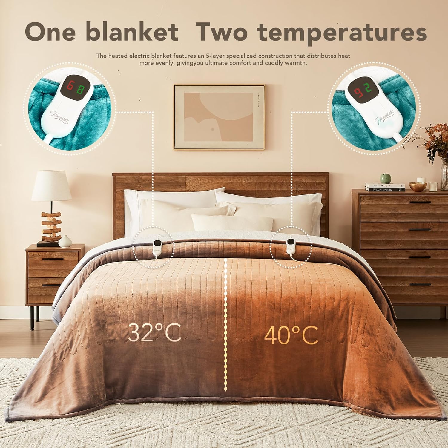 Homemate Electric Heated Blanket Queen - 84"x90" Heating Bed Blankets Throw with 10 Heating Levels 8 Hours Auto Off Fast Heating Over-Heated Protection Ultra Soft Warm Flannel ETL Certified