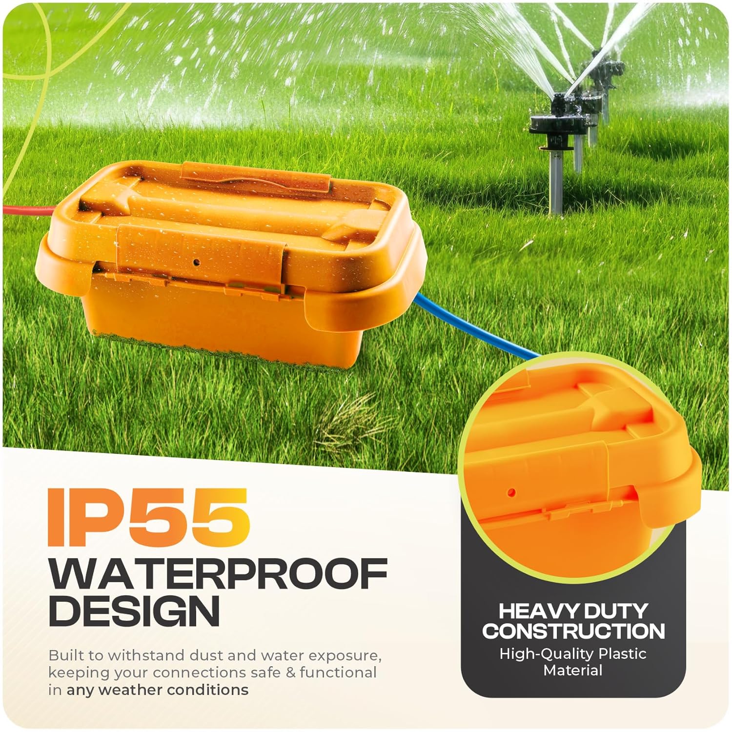 SockitBox – The Original Weatherproof Connection Box – Indoor & Outdoor Electrical Power Cord Enclosure for Timers, Extension Cables, Transformers, Power Strips, Lights, Tools & More – Small – Orange