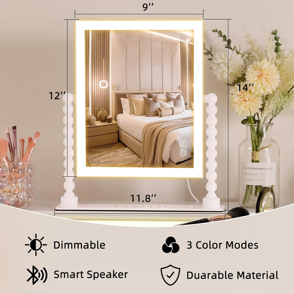 Vanity Makeup Mirror with Lights 9”x12” Hollywood Mirror with Music Speaker Dimmable 3 Color Lighting Light up Mirror with 10X Magnification 360 Degree Rotation for Bedroom Bathroom