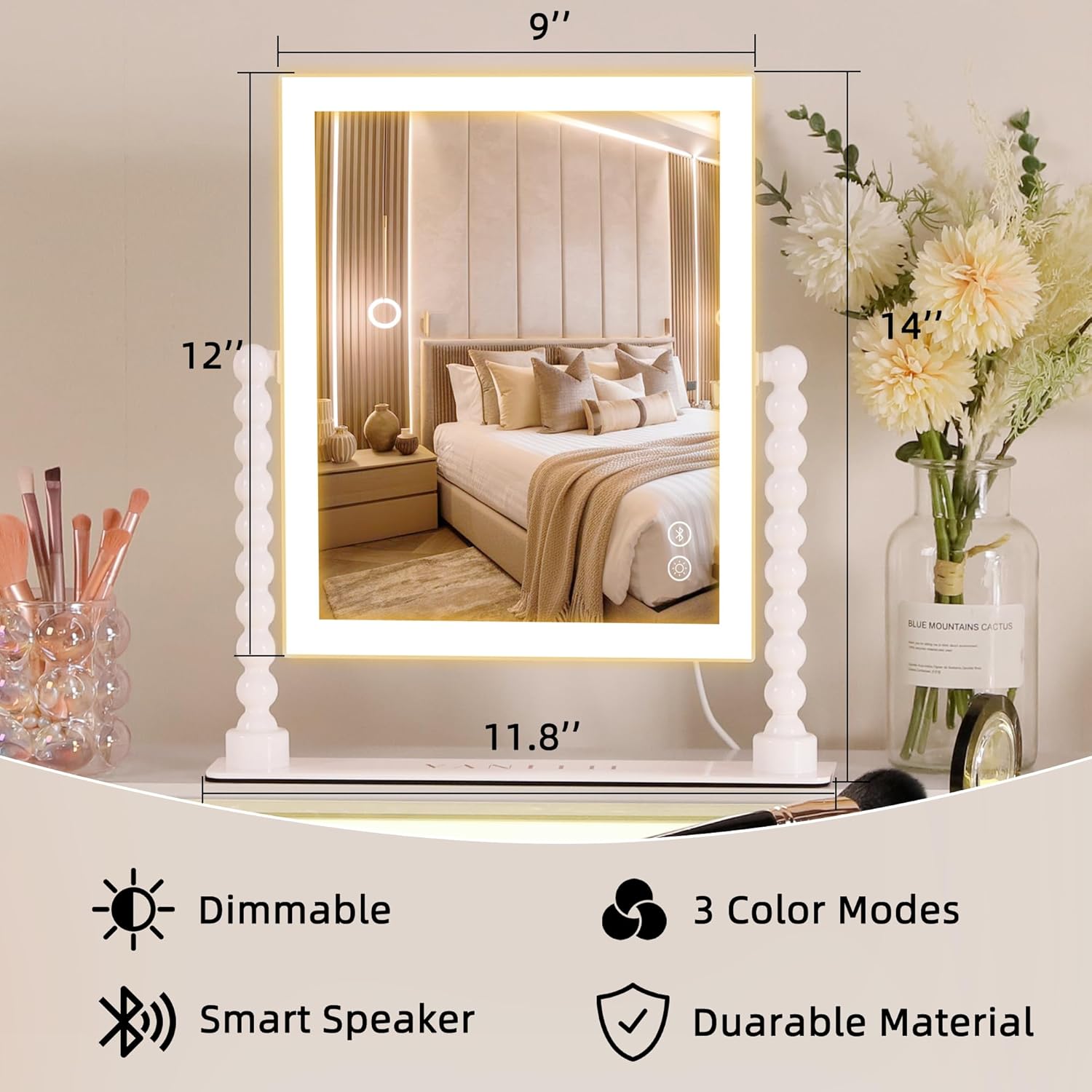 Vanity Makeup Mirror with Lights 9”x12” Hollywood Mirror with Music Speaker Dimmable 3 Color Lighting Light up Mirror with 10X Magnification 360 Degree Rotation for Bedroom Bathroom