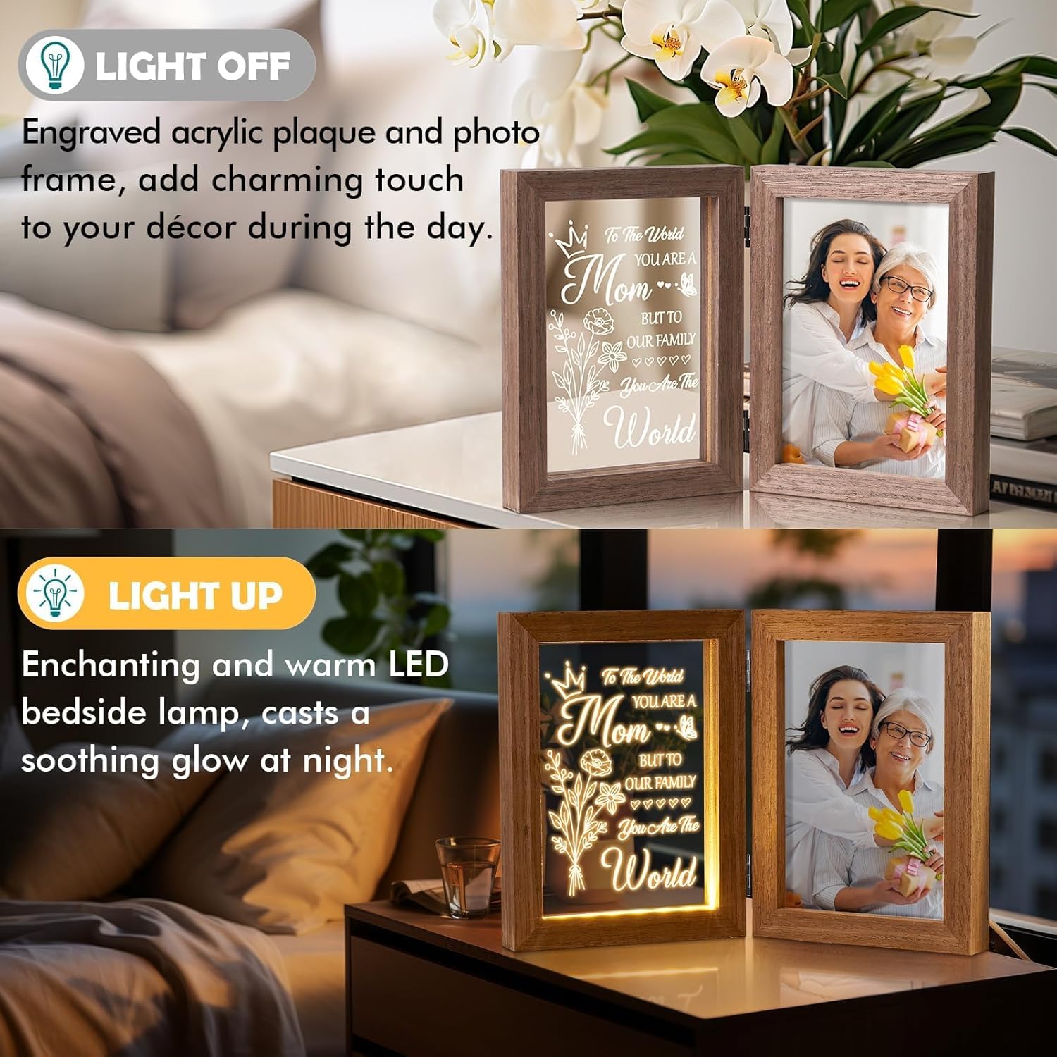 Tiblue Christmas Gifts for Mom from Daughter Son Best Mom Gifts Unique, Engraved Night Light with Mother Picture Frame 5x7, Solid Wood New Mama Mothers Day Gift for Mother-in Law Wife