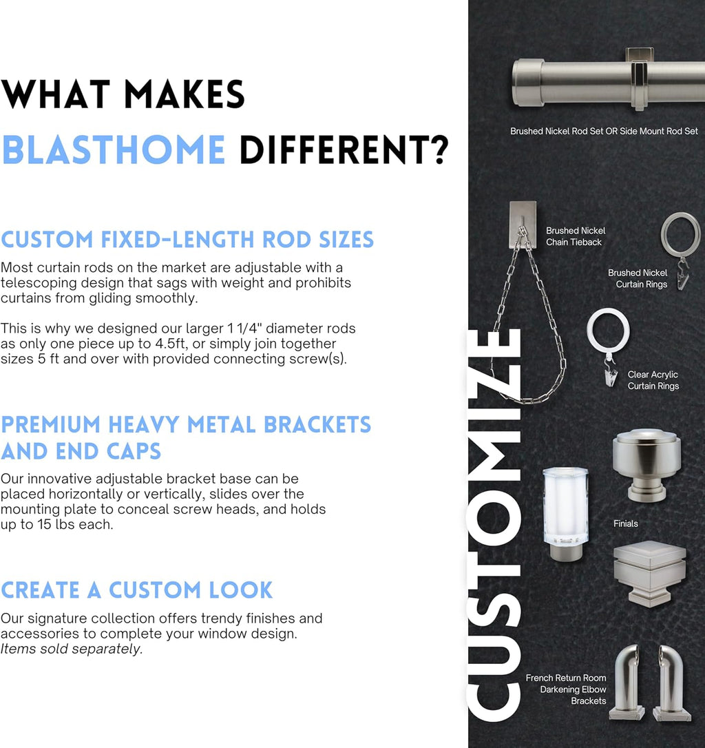 BlastHome® Non-Adjustable Luxury Curtain Rods for Windows, 1 ¼” Rod Set, 12 foot Fixed Length (Three Rods Connect for a Seamless Look), Brushed Nickel