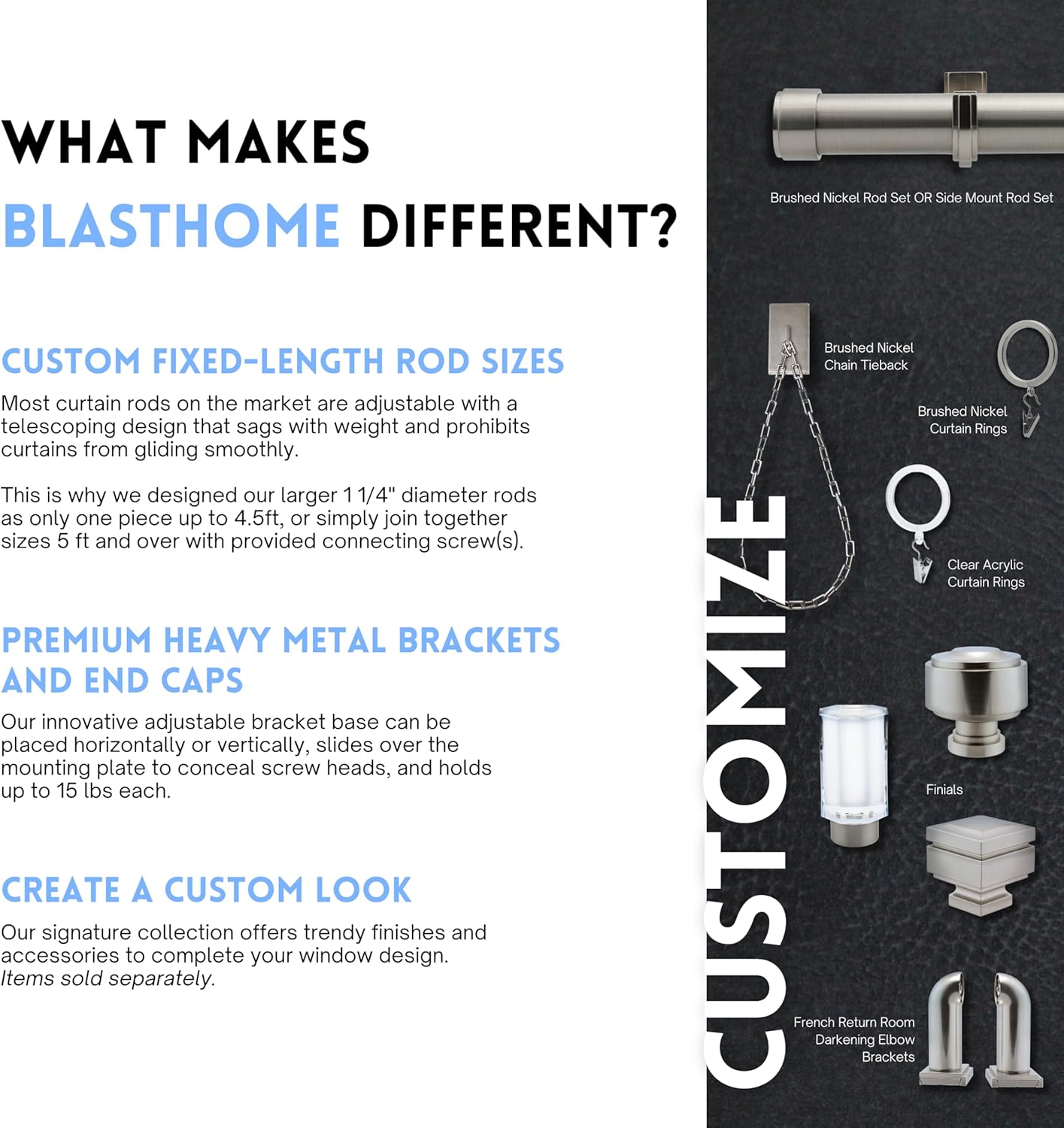 BlastHome® Non-Adjustable Luxury Curtain Rods for Windows, 1 ¼” Rod Set, 4 1/2 foot Fixed Length, Brushed Nickel