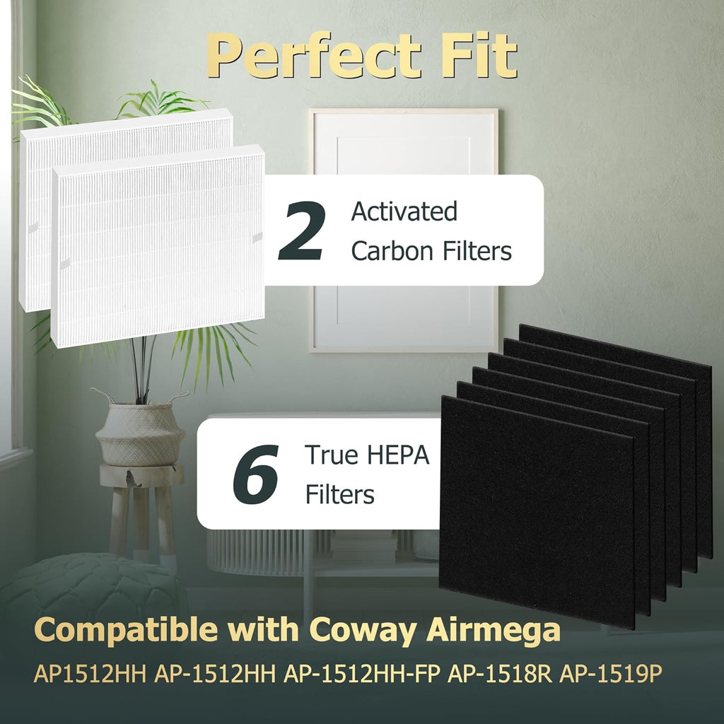 Improvedhand AP-1512HH Replacement Filters for Coway Airmega 200m series AP-1512HH AP-1518R AP-1519P, 3 Pack H13 True High Efficiency Filter & 6 Pack Activated Carbon Pre-Filter