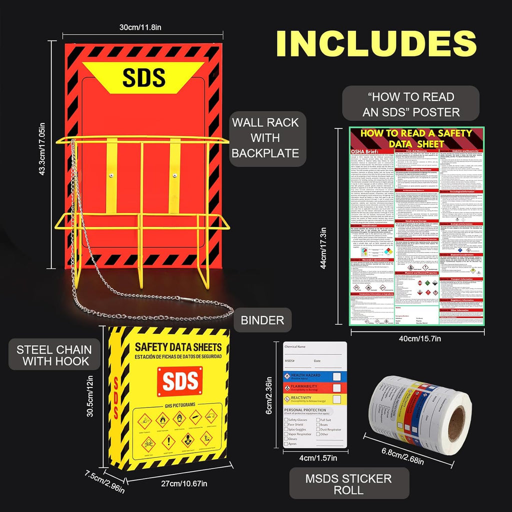 MSDS SDS Binder and Wall Station,Yellow Heavy Duty 3 Inch Material Safety Data Sheet 3 Ring Binder with SDS Wire Rack and Display Sign,Chain,Mounting Hardware,Safety Posters and MSDS Labels