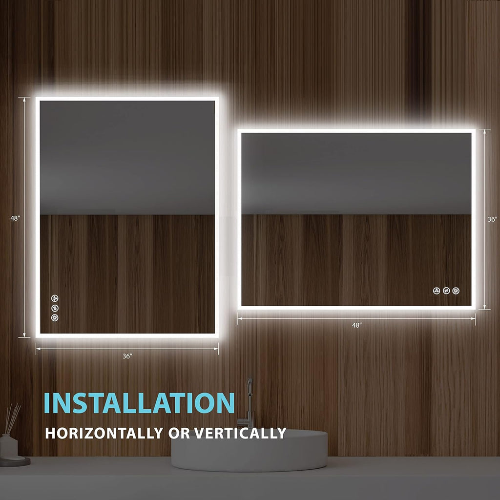 Blossom 48"X36" LED Bathroom Mirror with Lights, Front Lit and Backlight, Stepless Dimmable, Anti-Fog, Shatter-Proof Tempered Glass, Memory, 3 Colors Lighting Bathroom Mirrors for Vanity Makeup Mirror
