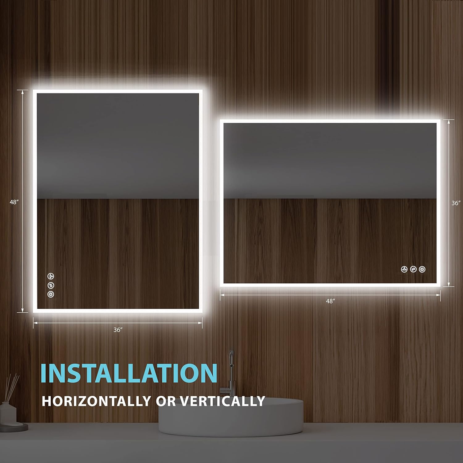 Blossom 48"X36" LED Bathroom Mirror with Lights, Front Lit and Backlight, Stepless Dimmable, Anti-Fog, Shatter-Proof Tempered Glass, Memory, 3 Colors Lighting Bathroom Mirrors for Vanity Makeup Mirror