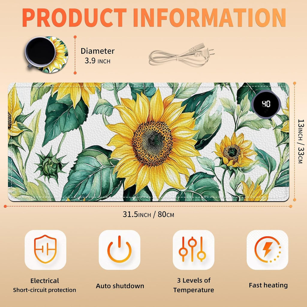 Heated Mouse Pad, Warm Desk Pad, Keyboard Mat 31.5 x 13 Inch Large Size Intelligent Fast Heating, 3 Speed Adjustable, Timed Auto Power Off for Game Office Home,Blooming Sunflowers