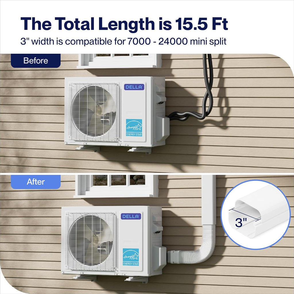 DELLA 3" 15.5 Ft Mini Split Line Set Cover with Flexible Duct, Decorative PVC Lineset Cover Kit, Paintable for Mini Split Air Conditioner, HAVC & Heat Pumps Systems Tubing Cover, White
