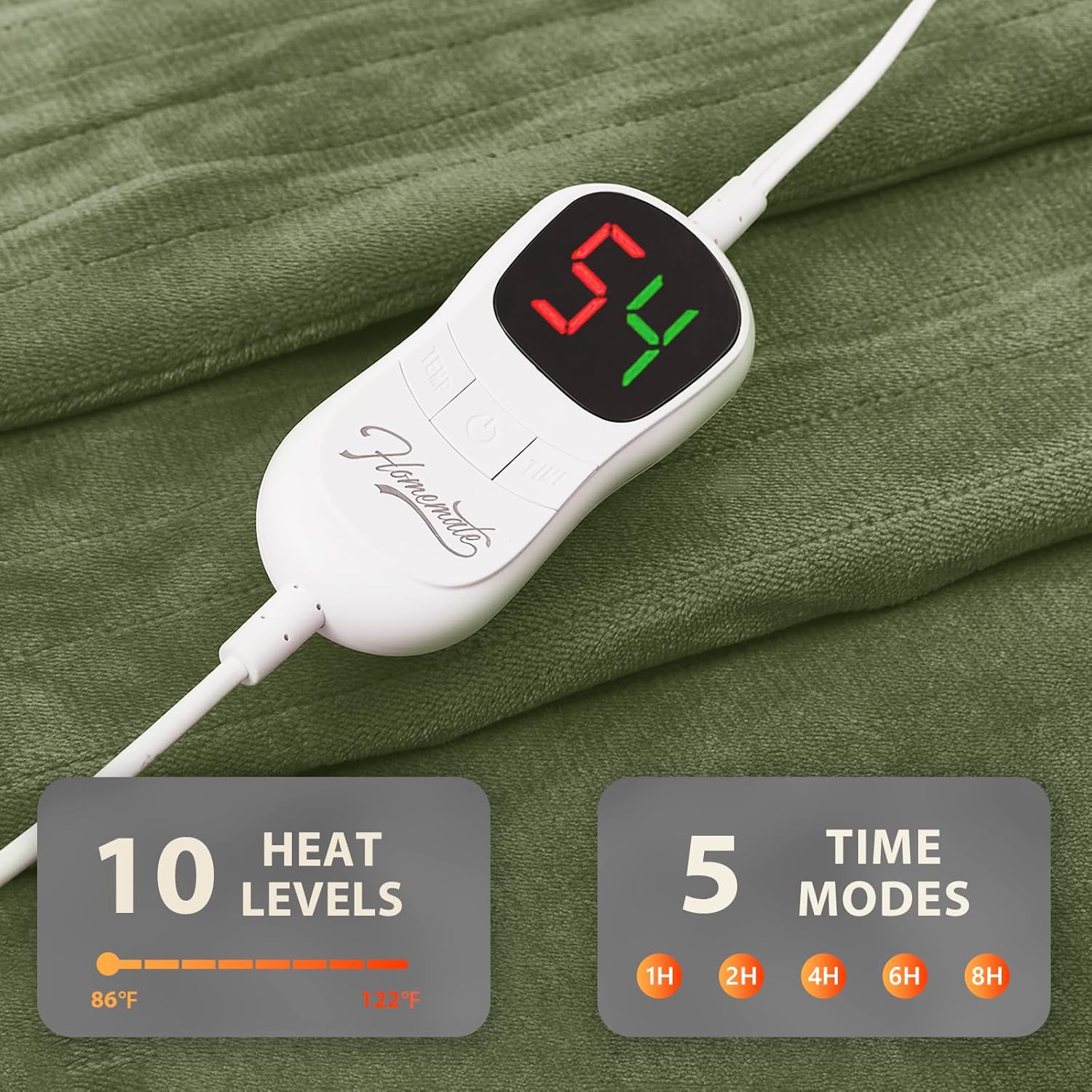 Homemate Electric Heated Blanket Queen Size - 84"x90" Heating Blanket Queen Size Dual Control 1/2/4/6/8 Hours Auto-Off 10 Heat Level Over-Heat Protection Flannel Sherpa ETL Certification