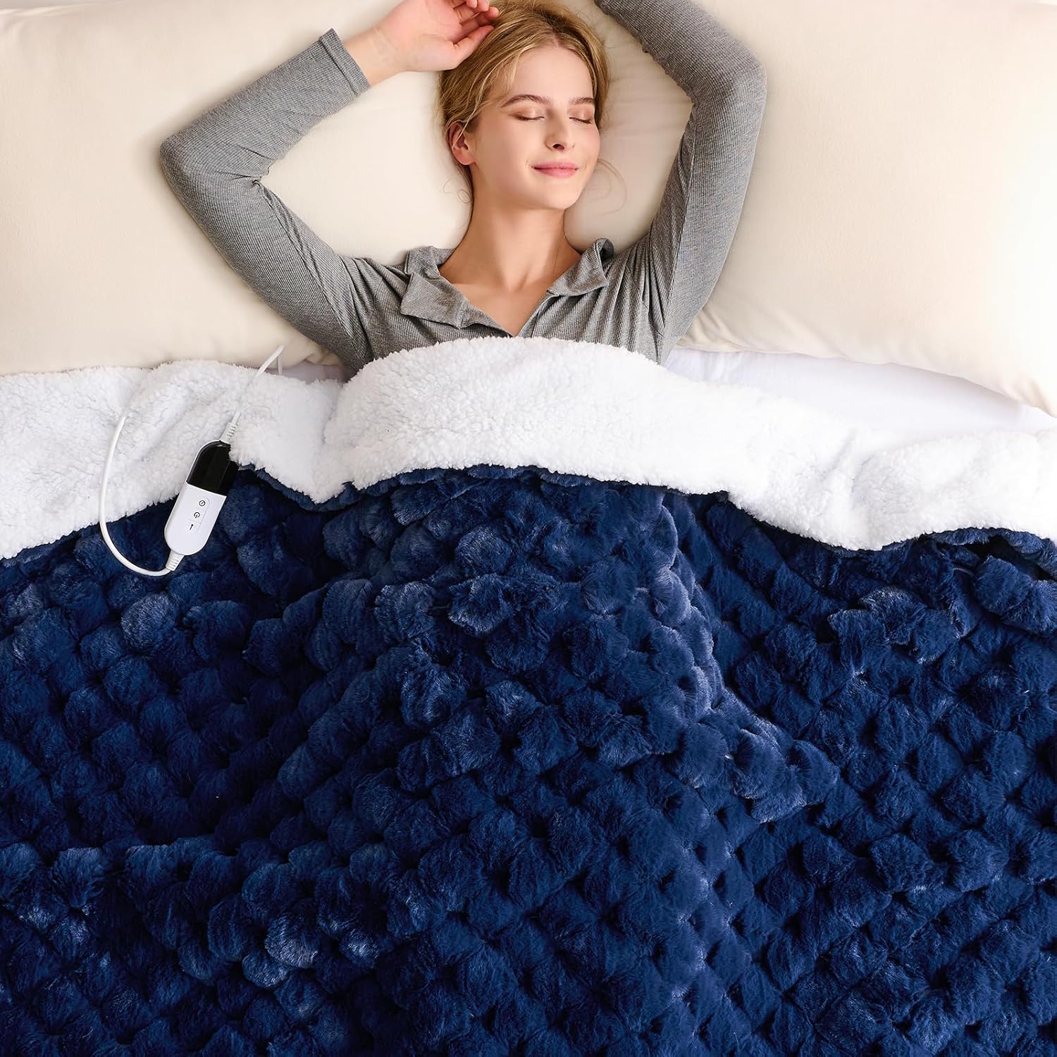 Homemate Heated Blanket Electric Throw - 50"x60" Heating Blanket Throw 1/2/4/6/8 Hours Auto-Off 10 Heat Levels Over-Heat Protection Luxury 800 GSM Faux Fur 200 GSM Sherpa ETL Certification