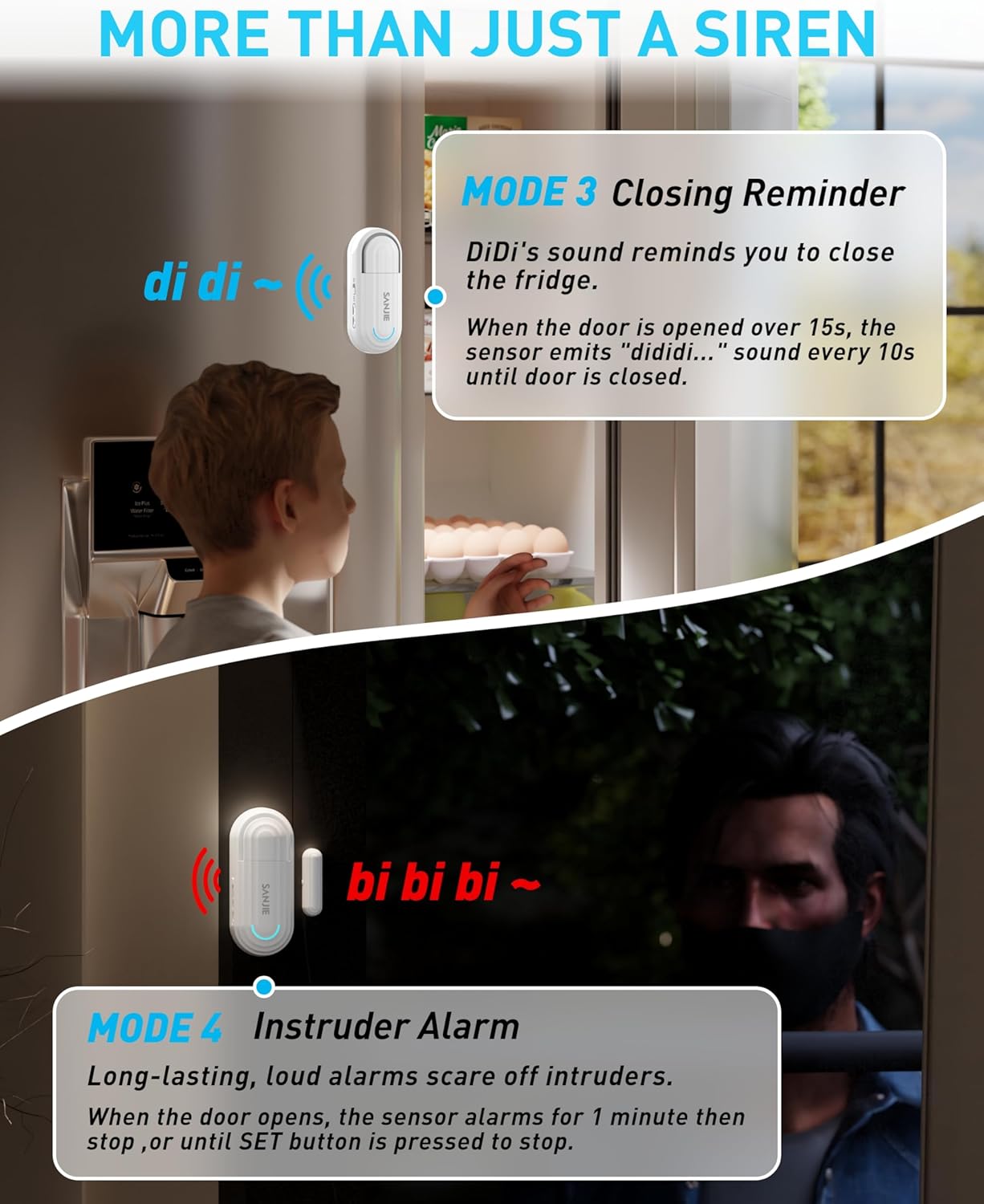 Sanjie Door Alarms for Kids Safety/Home Security/Dementia,Pool Door Alarm Wireless,4 Working Modes,0-120dB Volume Adjustable,Window Door Alarms When Opened,1 Sensor 1 Remote Control