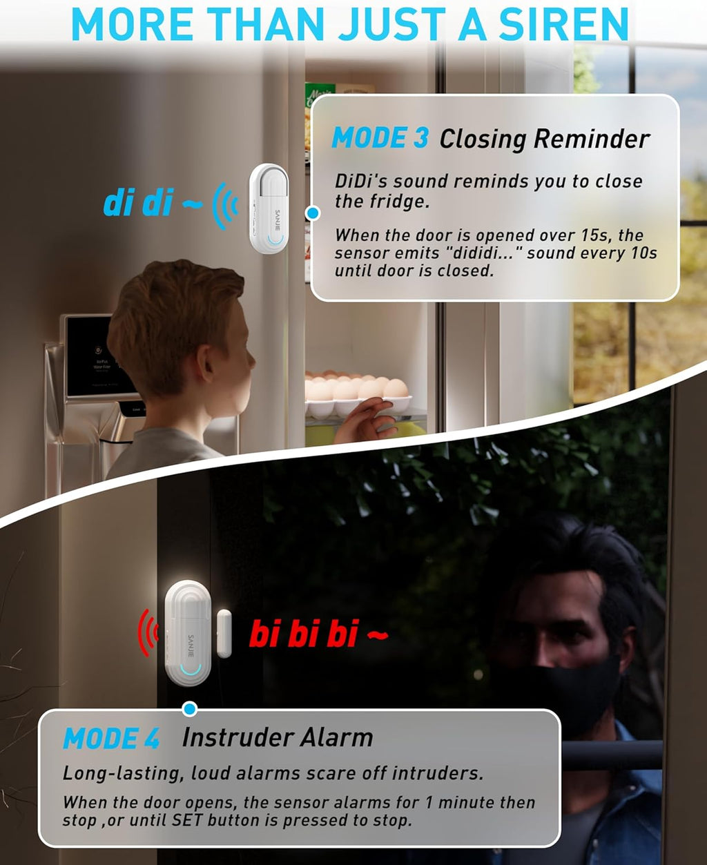 Sanjie Pool Door Alarms for Kids Safety/Home Security/Dementia,4 Working Modes,Wireless Door Open Alarm,Window Alarms Sensors,0-120dB Volume Adjustable,2 Sensors 2 Remote Controls
