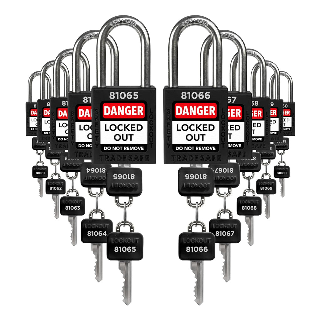 TRADESAFE Lockout Tagout Locks Set - 10 Black Lockout Locks Keyed Different, 2 Keys Per Loto Lock, OSHA Compliant Lock Out Tag Out Padlocks, Safety Padlocks for Electrical Lockout Tag Out Kits