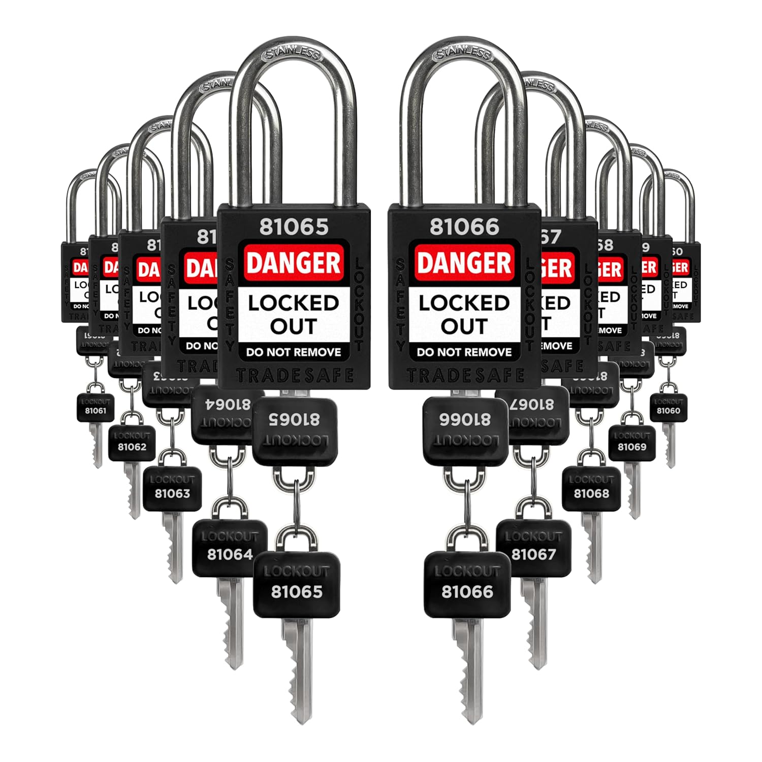 TRADESAFE Lockout Tagout Locks Set - 10 Black Lockout Locks Keyed Different, 2 Keys Per Loto Lock, OSHA Compliant Lock Out Tag Out Padlocks, Safety Padlocks for Electrical Lockout Tag Out Kits