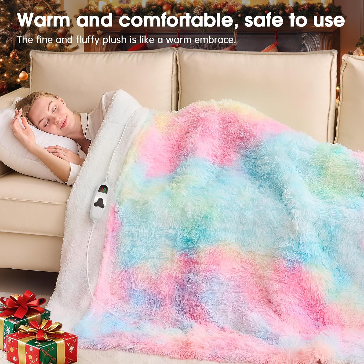 Heated Electric Blanket Twin,Warm Winter Birthday Gifts for Women Her Grandma–Faux Fur with Soft Sherpa,10 Heat Settings,5 Time Settings with Fast Heating, 62x84, Rainbow