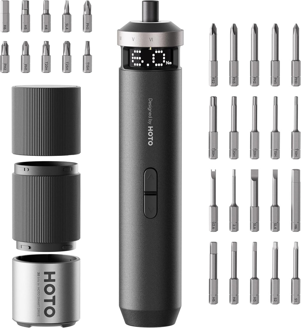 HOTO PixelDrive Electric Screwdriver, Smart Display, 6 Torque Settings, 0.5 to 6 N·m, 1/4'' Hex 30 Bits, LED Light, 2000 mAh Rechargeable Cordless Screwdriver Set for Electronics, Home Repair