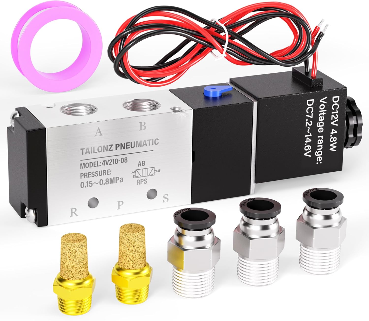 TAILONZ PNEUMATIC 1/4"NPT Solenoid Valve DC12V Single Coil Pilot-Operated Electric 2 Position 5 Way Connection Type 4V210-08 Outlet wire