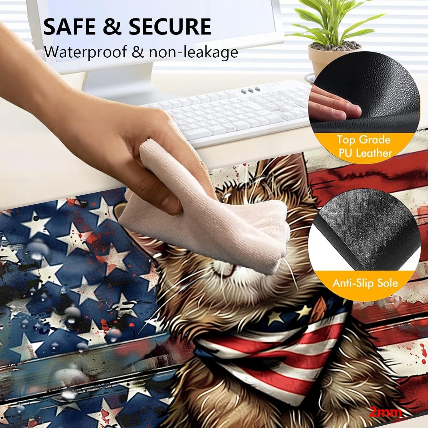 Heated Mouse Pad with 3 Levels Heated & 3 Hours Auto Shut-Off Mouse Pad for Warming Hands in Office Home, 31.5" x 13"Large Safe Desk Mat Hand Warmer，Flag Cute Cat