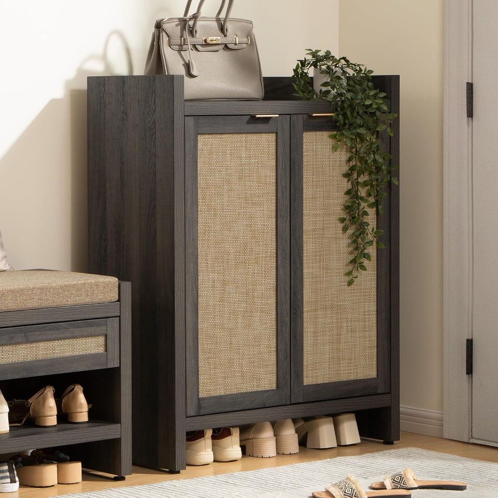 SICOTAS 41" Tall Shoe Cabinet, 24 Pair Shoe Storage Cabinet with Doors and 6-Tier Shelves, Rattan Shoe Cabinet Storage for Entryway, Farmhouse Boho Wooden Cabinet for Hallway, Black Oak