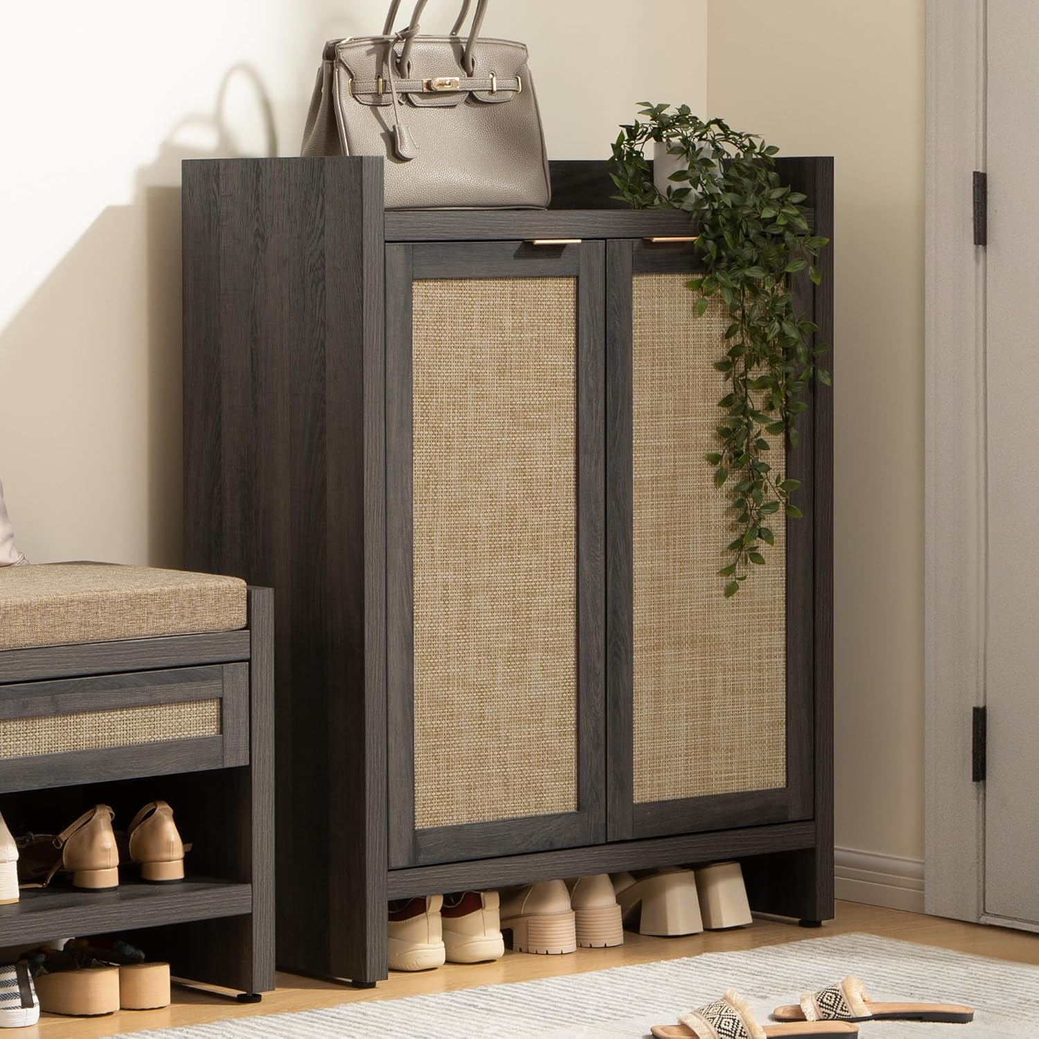 SICOTAS 41" Tall Shoe Cabinet, 24 Pair Shoe Storage Cabinet with Doors and 6-Tier Shelves, Rattan Shoe Cabinet Storage for Entryway, Farmhouse Boho Wooden Cabinet for Hallway, Black Oak