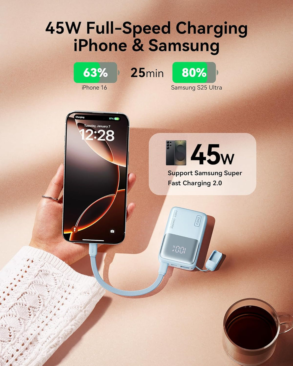 INIU Pocket Size Portable Charger, Ultra Small 10000mAh 45W PD Power Bank, Fast Charging Battery Pack, Travel Essentials Powerbank for iPhone 17 16 Pro Air, Xiaomi 17 Pro Max 16 15 14, S24 etc