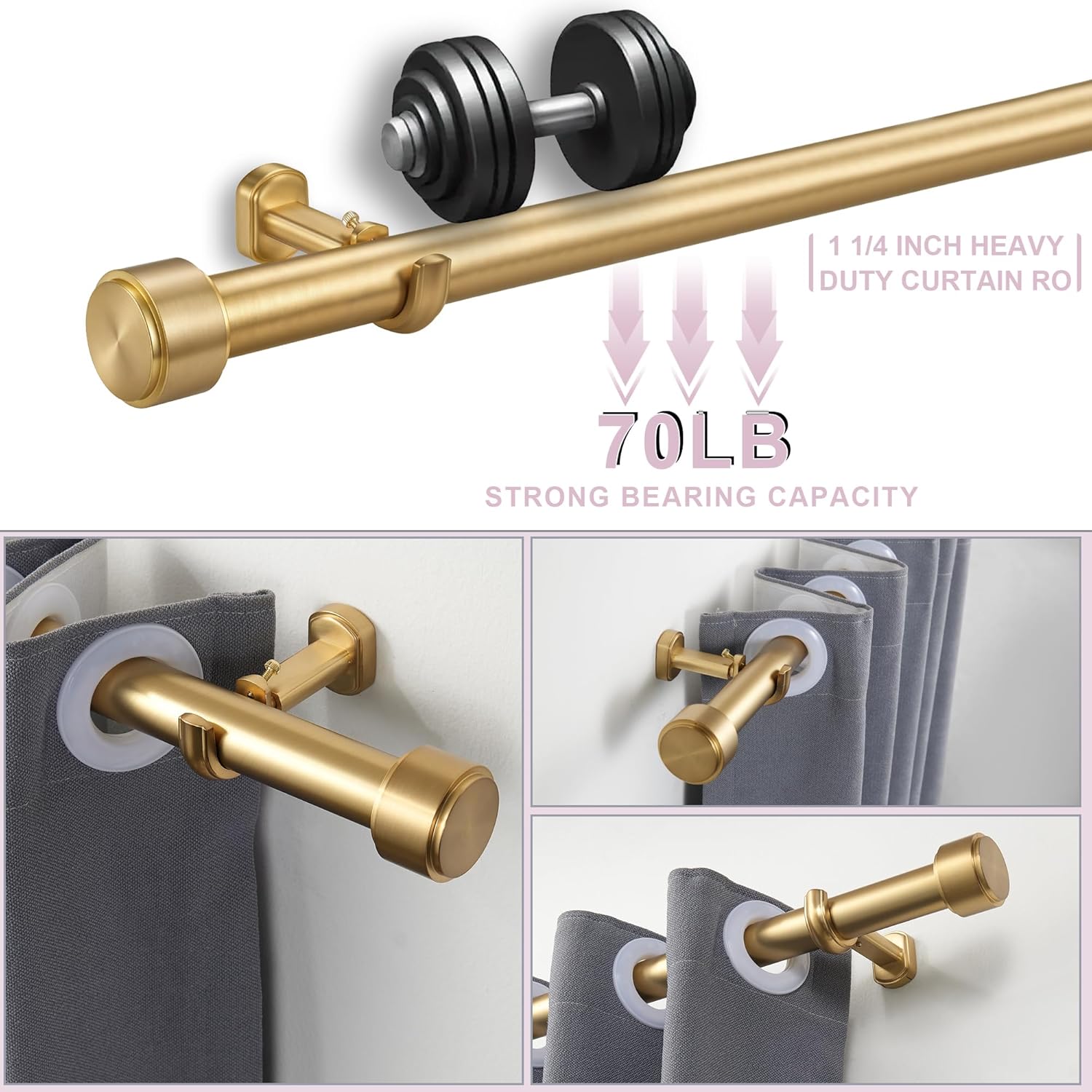 Heavy Duty Curtain Rods,1 1/4" Large Diameter Premium Nonadjustable Curtain Rod,144in/12ft Custom Window Treatment Rods with Durable Aluminum Brackets and End Caps,Gold Finish