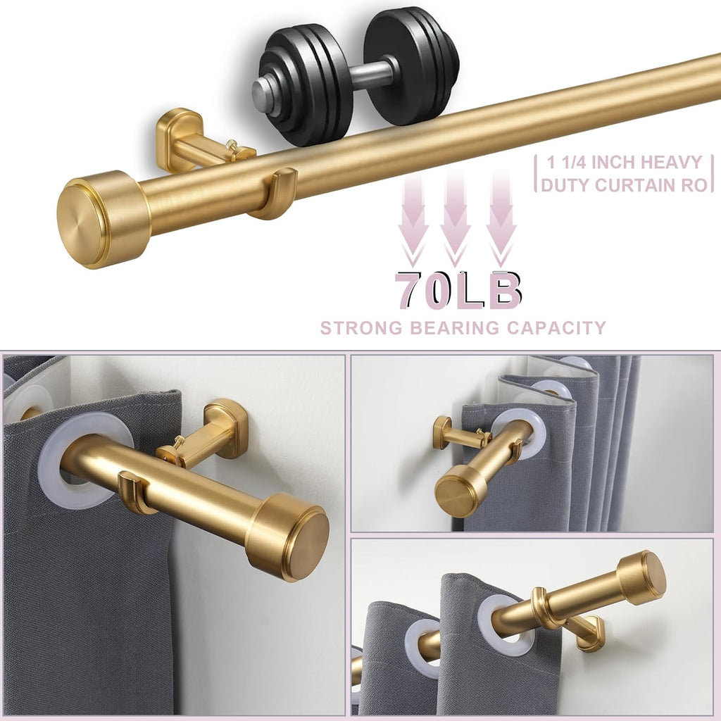 Heavy Duty Curtain Rods,1 1/4" Large Diameter Premium Nonadjustable Curtain Rod,120in/10ft Custom Window Treatment Rods with Durable Aluminum Brackets and End Caps,Gold Finish