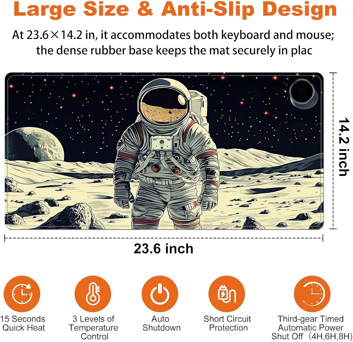 Small Heated Desk Pad 23.6" x 14.2" – Compact Electric Mouse Pad with 3 Heating Levels, Auto Shut-Off, Waterproof PU Surface, Plug-in Warmer for Office or Home Use, Astronaut on Moon