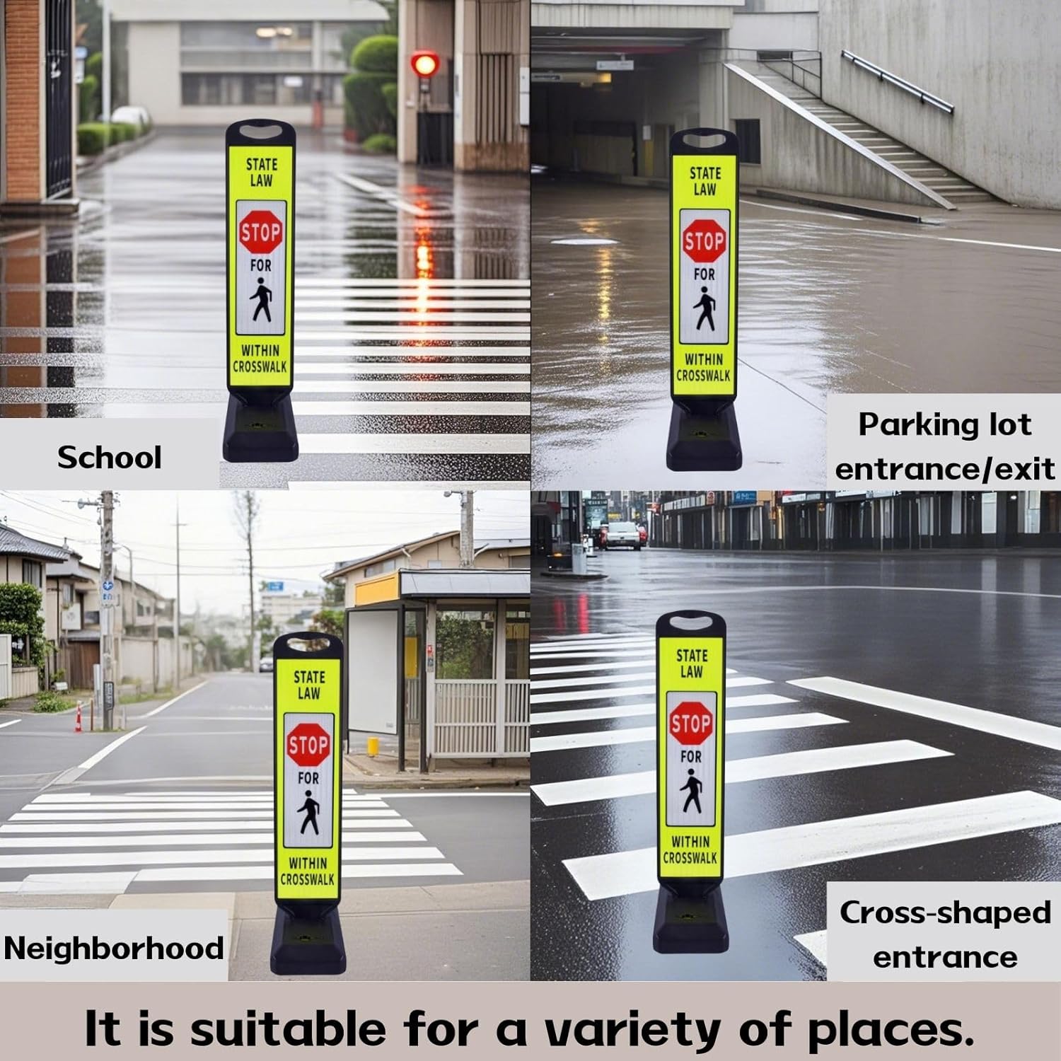 Pedestrian Crosswalk Sign with Heavy Weighted Water-Filled Base - 2 Sets, Reflective Safety Traffic Sign for Sidewalks, Parking Lots, and Roadways, Durable and Portable