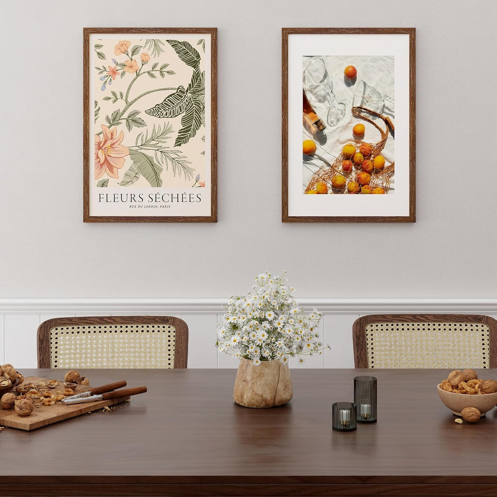 16x24 Picture Frame, 16 x 24 Poster Frames Set of 2, 16x24 Frame Solid Oak Wood & Tempered Glass, 16 x 24 Picture Frame with Mat for 12 x 18, Rustic Wooden 16"x24" Frames, Walnut Color