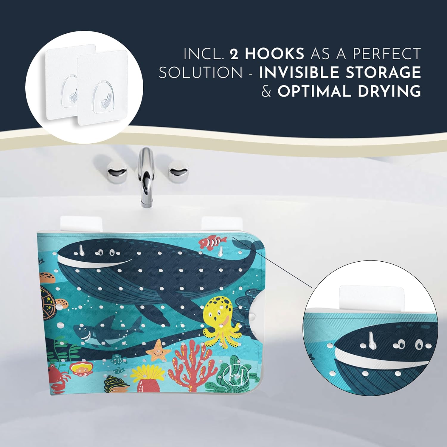 Bath Tub Mat Non Slip Anti Mold for Kids BPA Free INCL Hooks - homerella® Ocean Sea Animals 40x16, Baby Bath Mat Non Slip 200 Suction Cups, Non Toxic Machine Washable Toddler Bath Mat, EU Certified