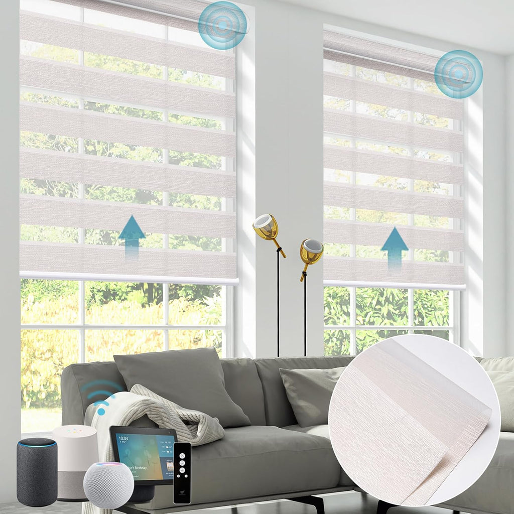 SmartWings Motorized Zebra Shades - Compatible with HomeKit, Alexa, SmartThings, Google - Remote Control Light Filtering Sheer Shades, 50% Blackout, for Smart Home/Office, Ivory, Customized