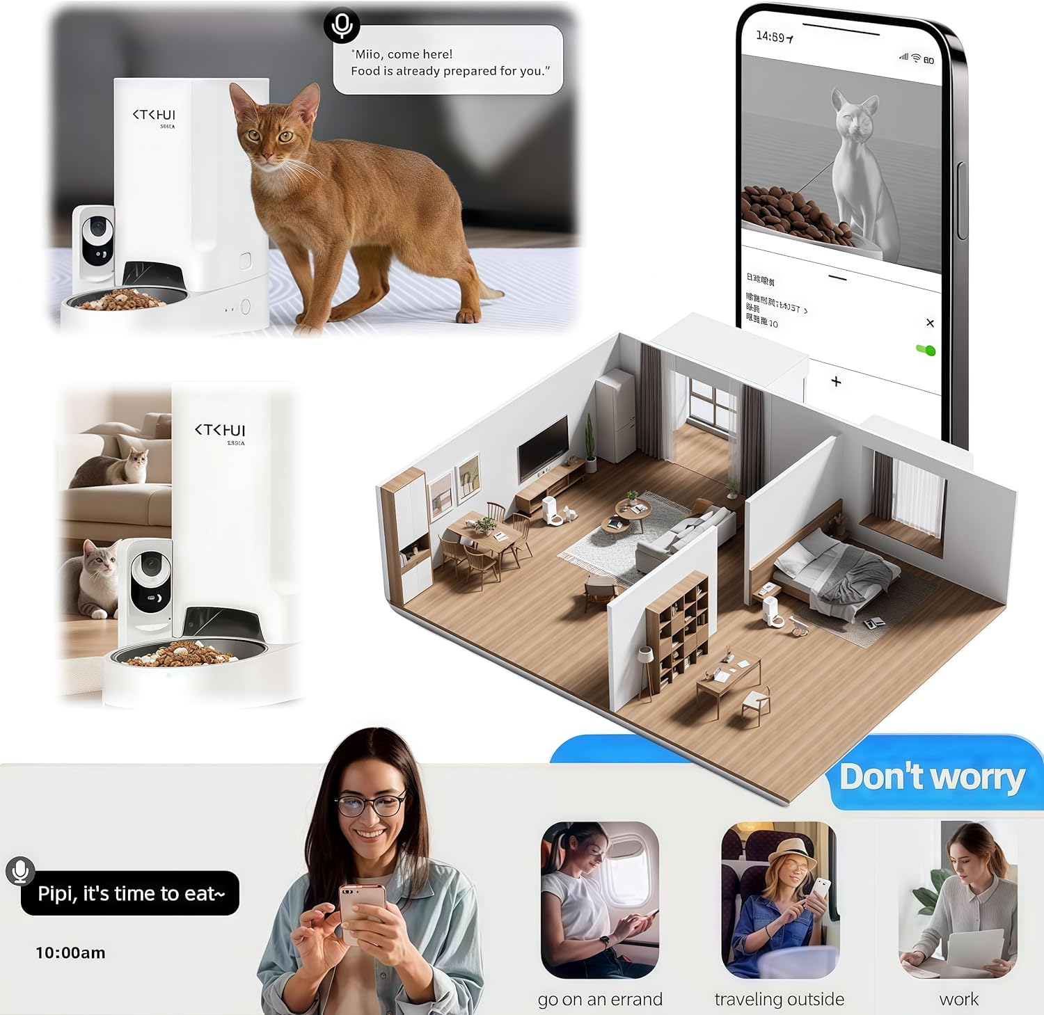 Automatic Cat Feeder with Camera, 1080P HD Video with Night Vision, Scheduled Automatic Pet Feeder, Separated Design Wide Grain Path with 2-Way Audio ＆ Feeding Call Function for Cat & Small Dog