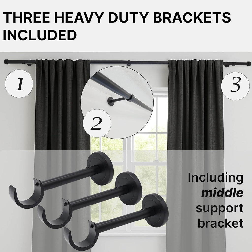 Matte Black Curtain Rod, Adjustable Curtain Rods for Windows 48 to 84 with three Heavy Duty Modern Design Long Brackets included, Matte Black 1 inch Expandable Rod