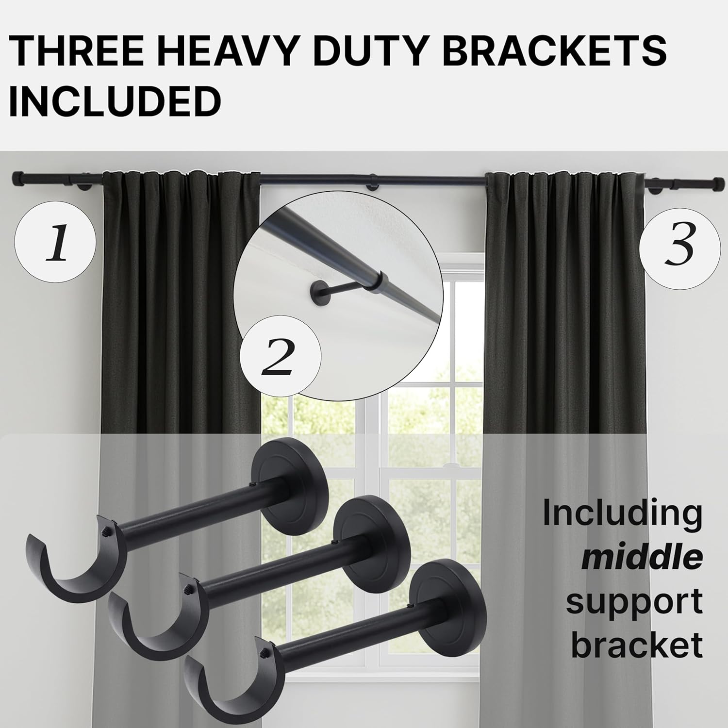 Matte Black Curtain Rod, Adjustable Curtain Rods for Windows 48 to 84 with three Heavy Duty Modern Design Long Brackets included, Matte Black 1 inch Expandable Rod