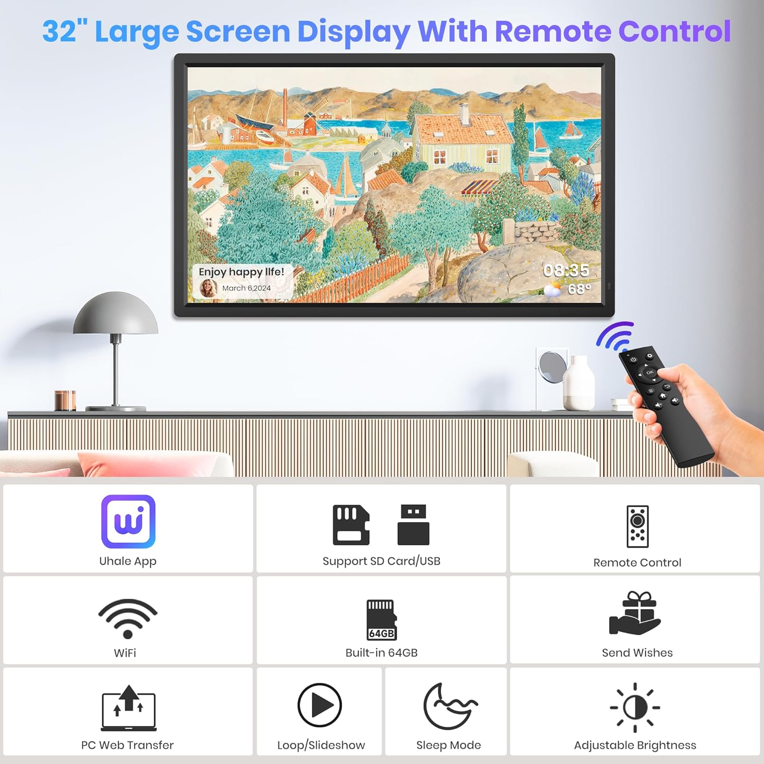 Uhale 32" Extra Large Digital Picture Frame 64GB, WiFi Photo Frames 1920 x 1080 FHD IPS Display with Remote Control, Wall Mounted, Slideshow, Support USB and SD Card, Instantly Share Photos Videos