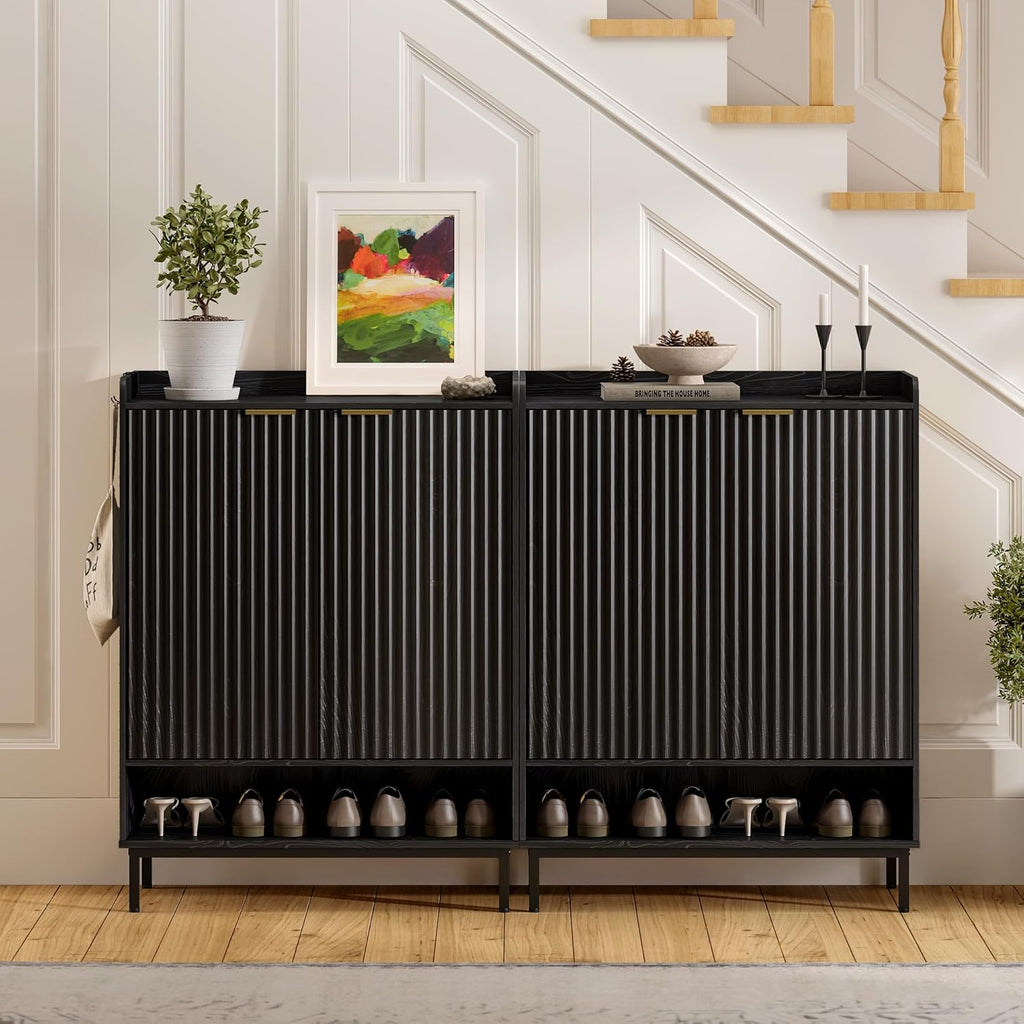 Fluted Shoe Cabinet with Doors, Large Wooden Shoe Storage Cabinet with Hanging Rod, Modern Tall Freestanding Shoe Rack Organizer for Entryway, Hallway Black