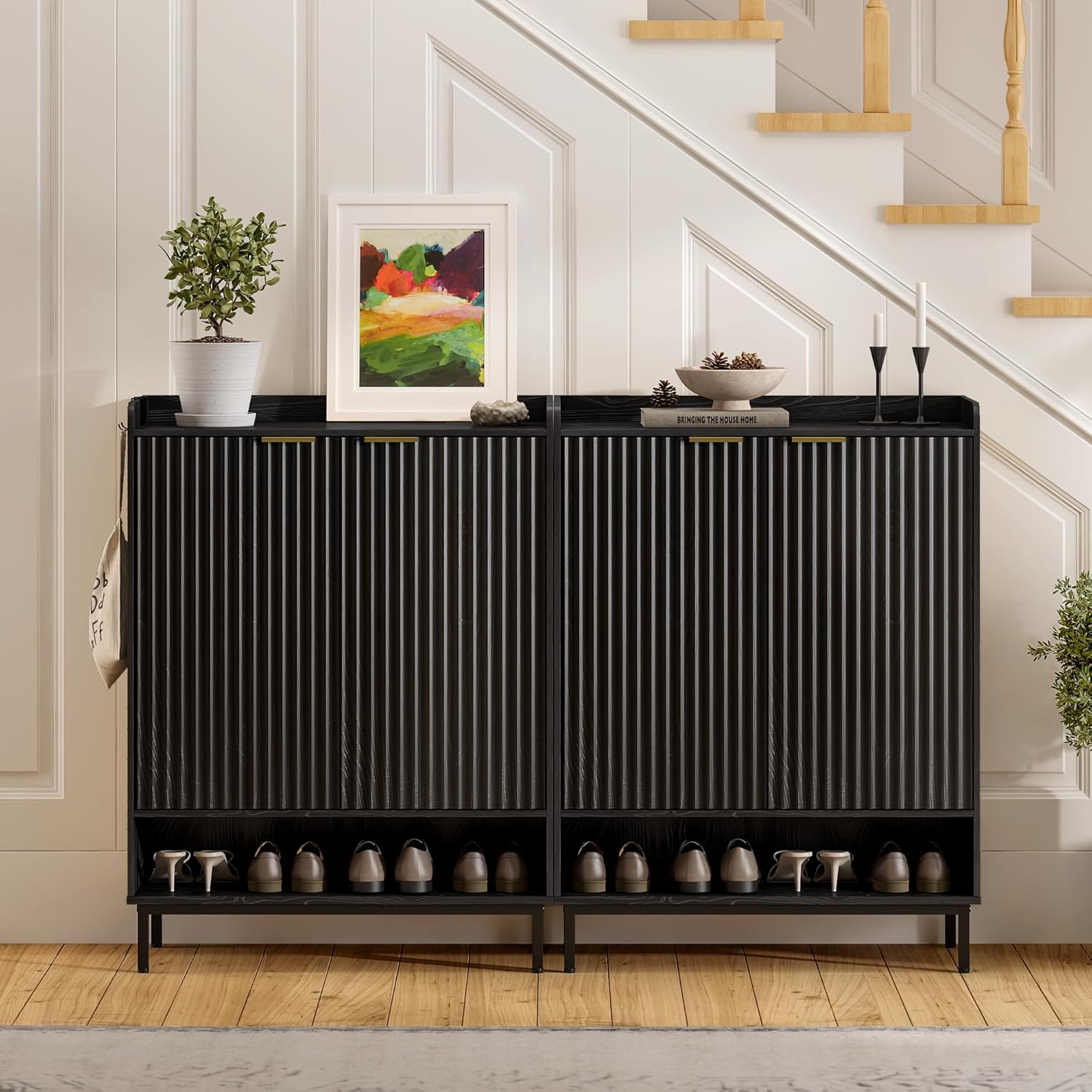 Fluted Shoe Cabinet with Doors, Large Wooden Shoe Storage Cabinet with Hanging Rod, Modern Tall Freestanding Shoe Rack Organizer for Entryway, Hallway Black