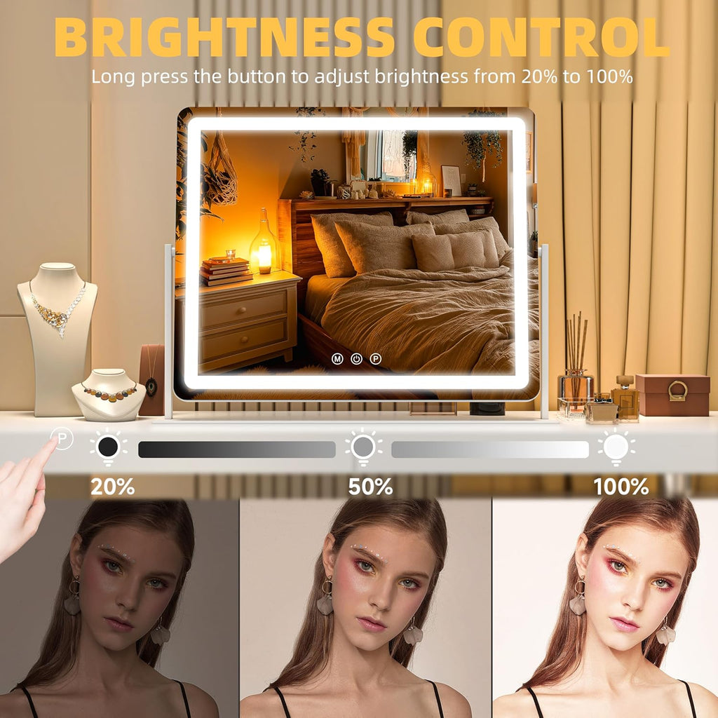 Vanity Mirror with Lights, 25.6'' x 22'' Lighted Makeup Mirror, Touch Screen with 3-Color Lighting, Dimmable for Vanity Desk Tabletop Round White