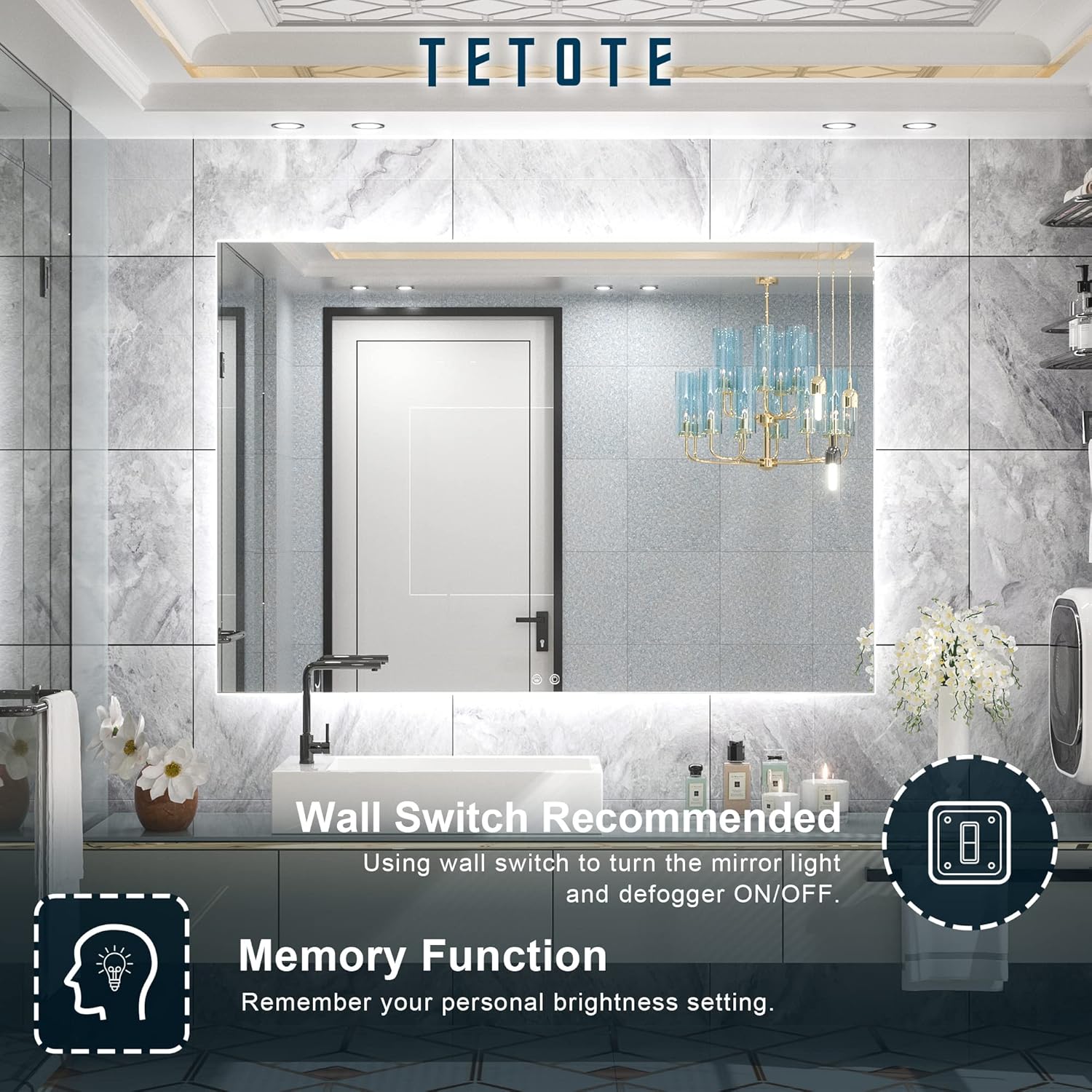 TETOTE 48 x 36 Inch LED Backlit Bathroom Mirror with Lights, LED Vanity Mirror, Frameless, Anti-Fog, Dimmable, CRI90+, Touch Button,Water Proof, Horizontal/Vertical Wall Mounted