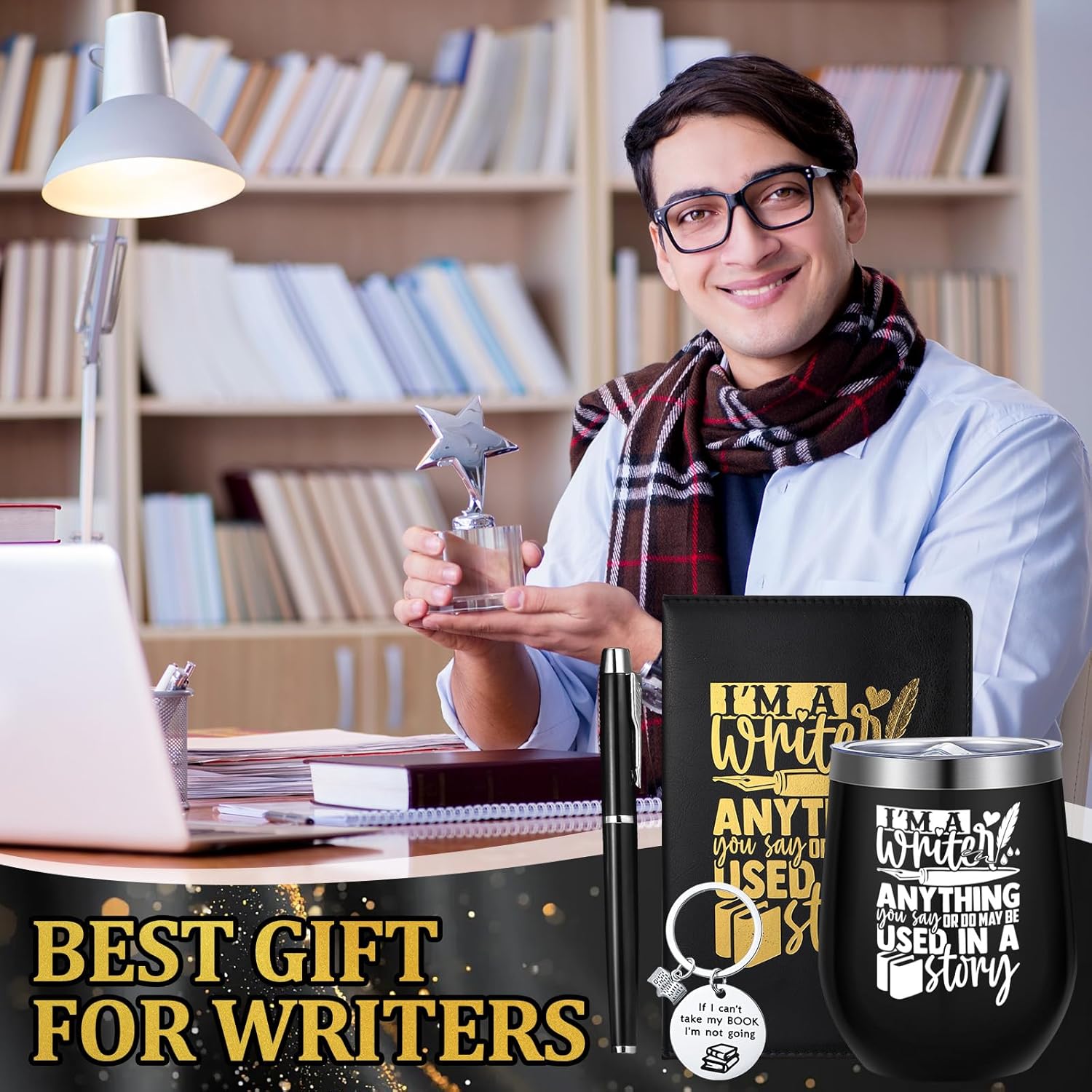 6 Pcs Writer Gifts for Men Women Future Author's Gift 12 oz Stainless Steel Cup Socks Keychain Pen Notebook Box for Novelist Screenwriter Poet Christmas Reading Writing Book Gifts