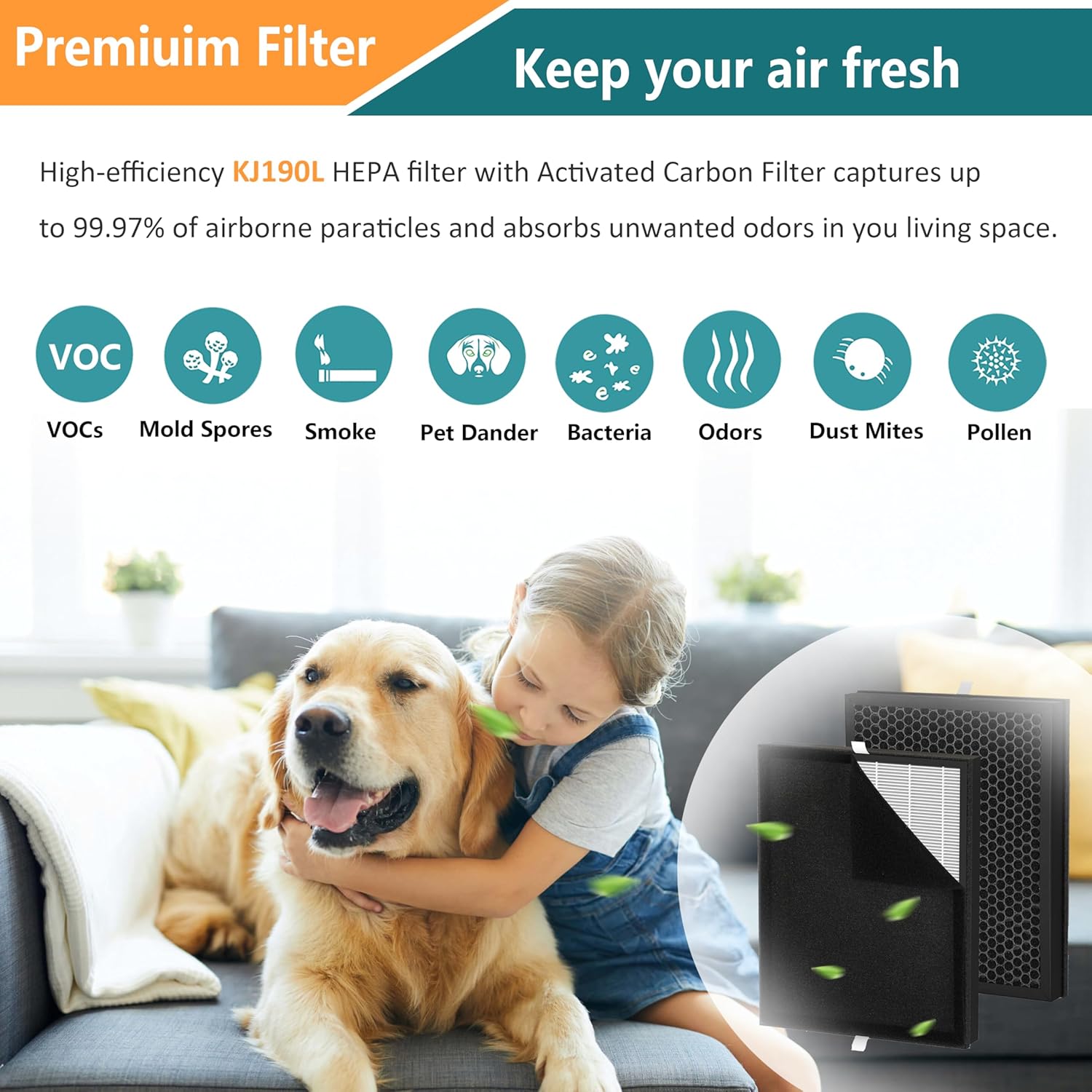 KJ190L H13 True HEPA Replacement, Compatible with Mooka KJ190L Air Purifier, 2 H13 True HEPA with 2 Washable Pre-Filters