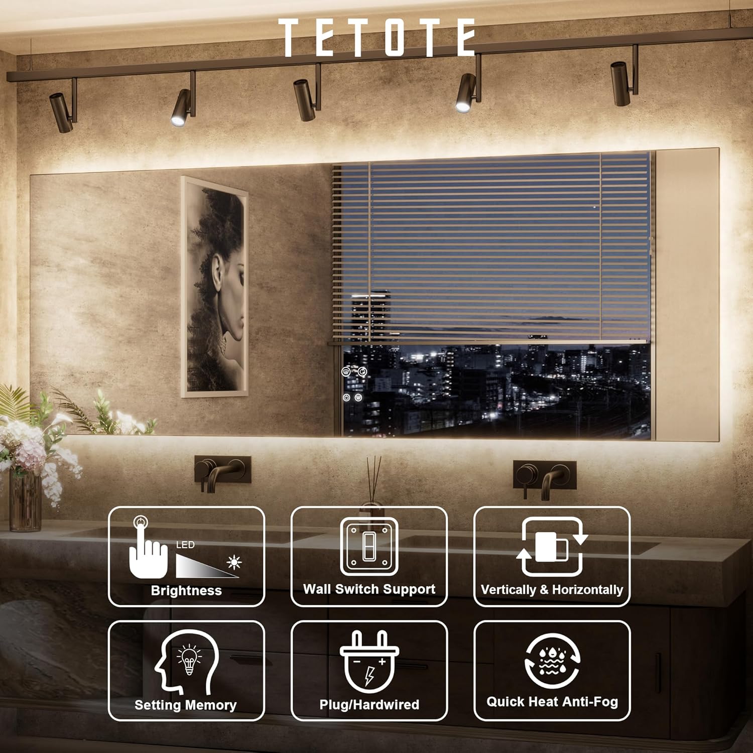 TETOTE 24 x 36 Inch LED Backlit Bathroom Mirror with Lights, 3Color White/Warm/Natural, Anti-Fog Lighted Mirror,Dimmable,Vanity Mirror,Wall Mounted