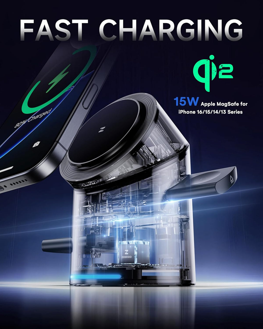 ZEEHOO 3 in 1 Charging Station for Apple Devices, Mag-Safe Charger Stand, Qi2 15W Auto-Rotating Wireless Charger for iPhone 17 16/15/14/13/12 Series& AirPods& iWatch(Black)