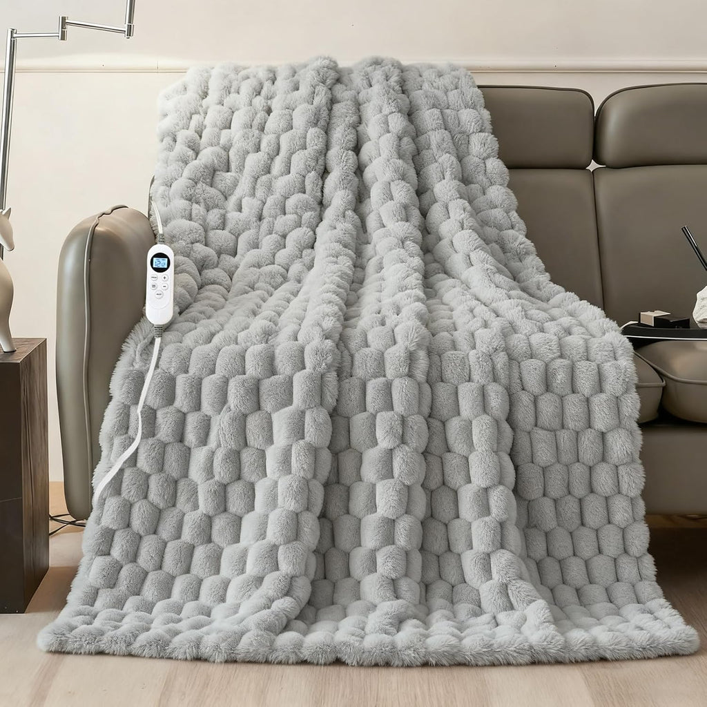 Electric Heated Blanket Throw 50" x 60" Soft Ribbed Faux Fur Flannel Fast Heating 12 Heat Levels 1–12H Timer & Overheat Protection & Auto Shut-Off & ETL FCC & Machine Washable Heated Throw (Gray)